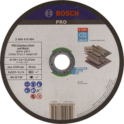 Disco de corte Bosch PRO para acero inoxidable y metal, 180 x 1,6 mm.